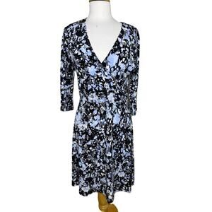 Leota Black Floral Print 3/4 Sleeve Wrap Dress, Knee-Length, Size Large